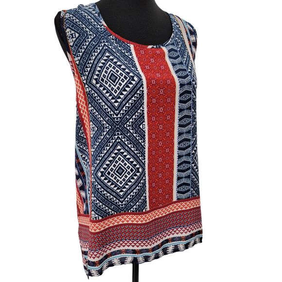 M Fasis By California Blue Blouse Women's Size 1X Colorful Split Back Semi Sheer - Picture 3 of 10